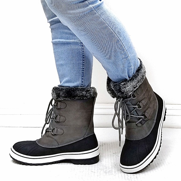 New Gray Faux Fur Lace Up Mid-Calf Snow Boots - Picture 4 of 4